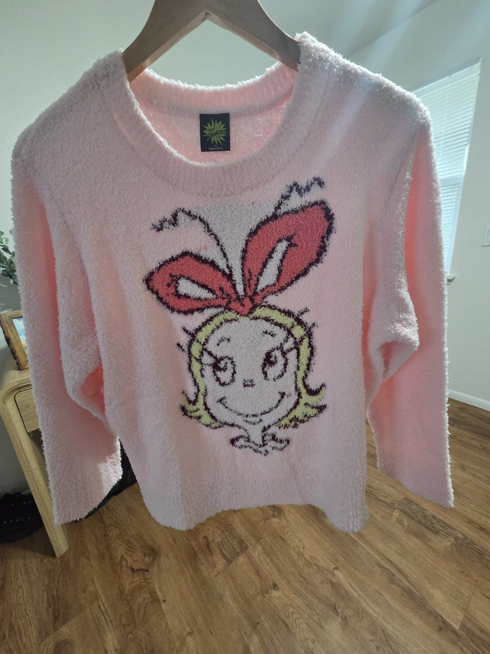 Cozy Pink Crewneck Sweater with Cindy Lou Who Motif